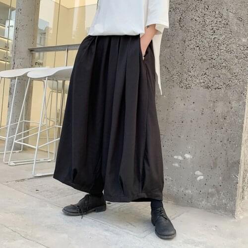 Mens Japanese Samurai Pants Loose Fit Pantskirt Wide Leg Trousers Elastic Waist Black