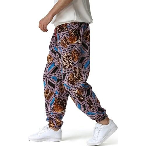 Vintage Royal Print Cotton Linen Joggers Pants Men Hipster Hip Hop Streetwear Jogging Sweatpants Men Harajuku Sport Trousers 3XL