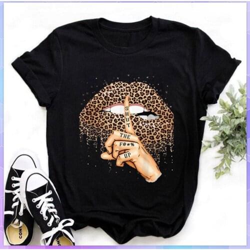 Lips Leopard Graphic Oversized T-shirt Summer Women Tops Base Fashion O-neck Black Tees Kiss Leopard Lip Funny Girls Tshirts