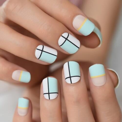 Green Full Cover Fake Nails Art Tools Black Gold Line Matte Press on Acrylic for False Nail Tips with Glue Women and Girls