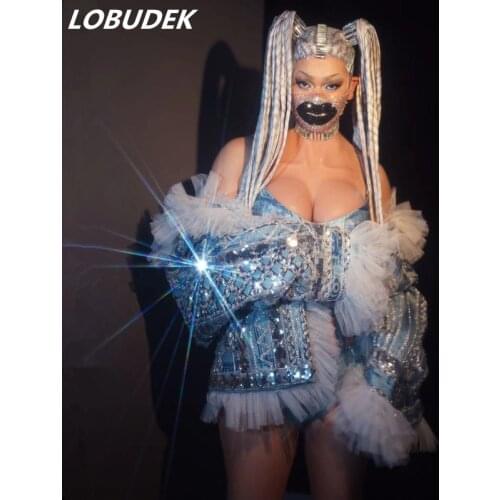 New Blue Rhinestone Spandex Faux Denim Jacket Loose Coat Female Dancer DJ Dancer Stage Wear Nightclub Hip Hop Rap Singer Costume