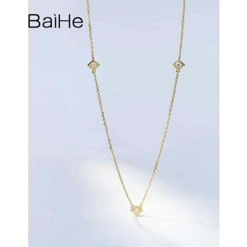 BAIHE Solid 18K Yellow Gold 0.09CT H/SI Natural Diamond Round Women Trendy Fine Jewelry Exquisite Square Round Diamond Necklaces