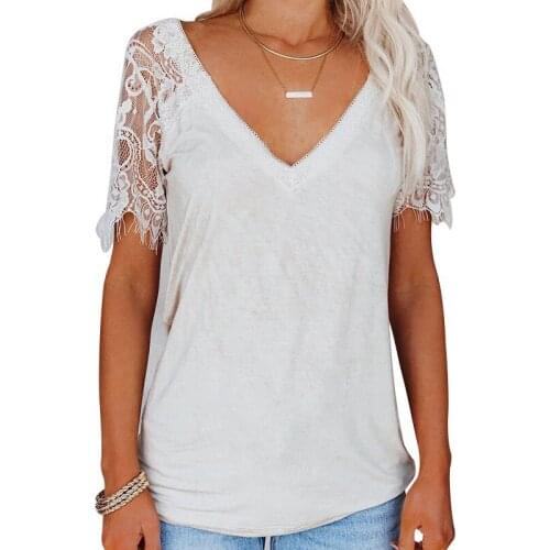 Summer Lace Patchwork Short Sleeve Deep V Neck Solid Color Sexy T Shirt Women Casual Loose Elegant Streetwear Plus Size Tops