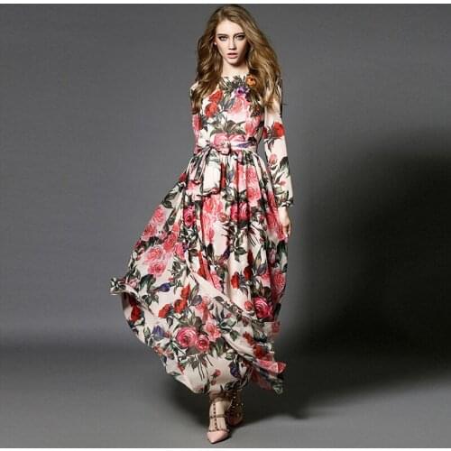 Hot sell Newest 2018 Italy Spring&Summer Ankle-Length dress Silk Printed Flower Rose Colourful Sequins Casual long Dress women