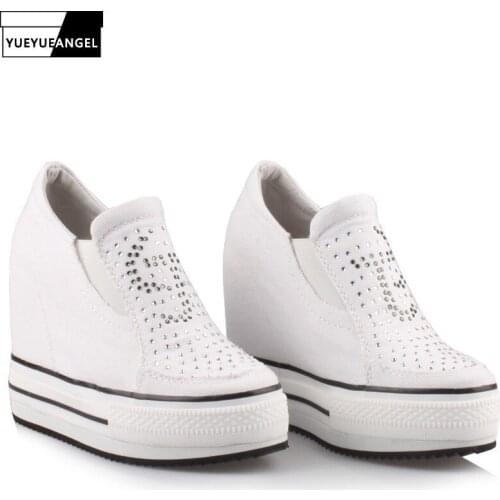 Canvas Loafers Women Platform Slip On Height Increase Shoes 12CM Wedges Rhinestone Comfortable Casual Pumps Shoes Sneakers 32-40