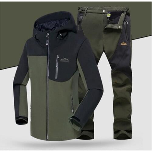 Men Winter Waterproof Softshell Jacket Set Fishing Warm Fleece Hiking Outdoor Jackets Trekking Coat Set Pants Oversize Trousers