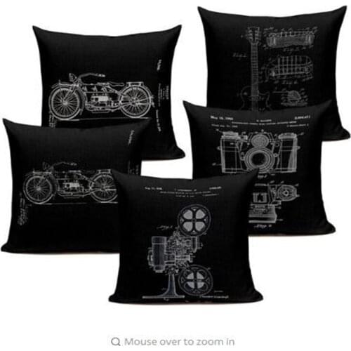 Home Retro Black Linen Blend Cushion Covers Sofa camera guitar Square Pillowcases bicycle Car Decorative Throw Pillow Case