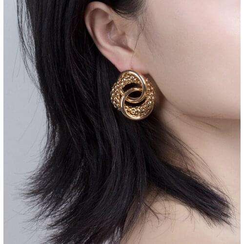 New Lady French Chic Round Shaped Stud Earrings for Women Chunky Gold Silver Color Geometric Metal Earrings Party Jewelry Gift