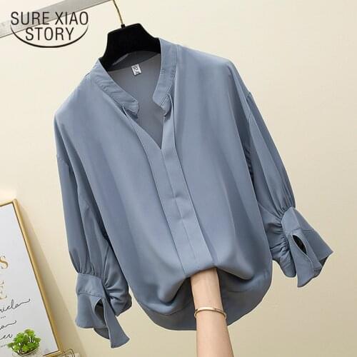 Solid Women Blouse 2021 Summer New Plus Size Women Tops Fashion V-neck Chiffon Blouses Three Quarter Sleeve Pullover 8179 50