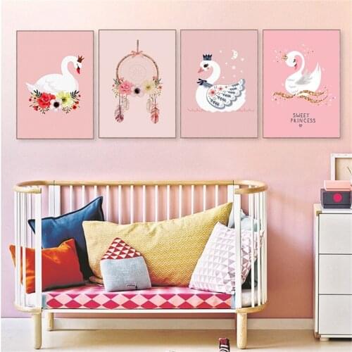 Little White Swan Posters and Prints Pink Nursery Flower Wall Art Picture Gold Crown Canvas Painting Princess Kindergarten Decor