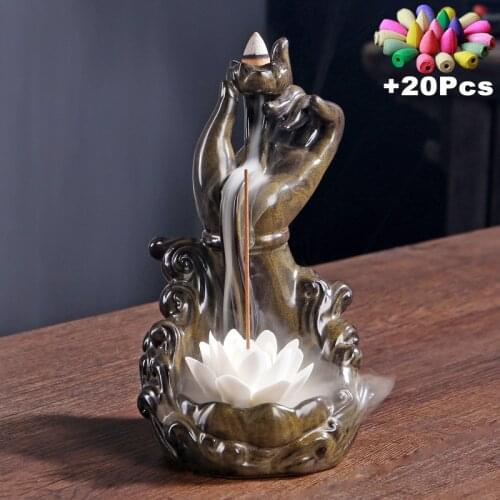 +20Pcs Incense Cones Stand Buddha Hand Lotus Monk Guanyin Blessing Lucky Feng Shui Decoration Waterfall Backflow Incense Burner