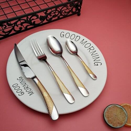 Semi-gold craft for high-end hotels Hand-forged 304 stainless steel steak knife dinner fork spoon tableware cutlery set