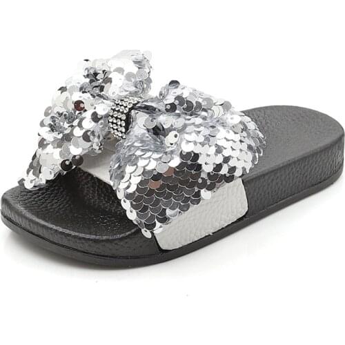 Sequins Butterfly-Knot Fashion Shimmer Children Slippers Baby Girls Shoes Princess Kids Beach Sandles Home Footwear Flip-Flops