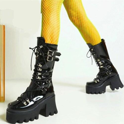Platform Pumps Women Patent Leather Round Toe Mid Calf Boots High Heels Lace Up Buckle Creepers Shoes EUR35-43