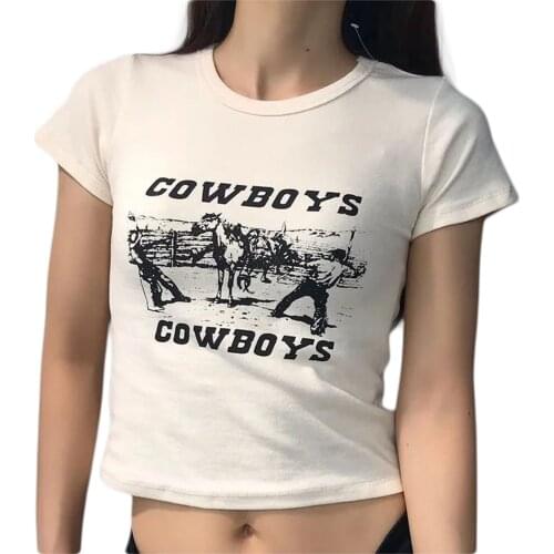 Women Casual White Short-Sleeved T-Shirt Fashion Hot Girl Crop Top Denim Letter Print Crop Top Street Wear