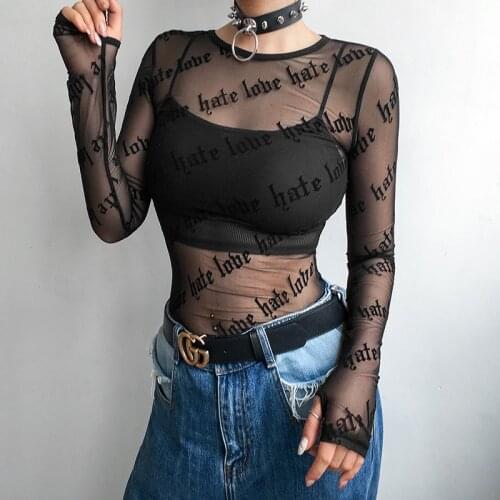 Sexy Gothic Punk Women Mesh T-Shirts See-through Perspective Letter Print Long Sleeve Tops Casual Slim T-Shirt Top Girls Outwear