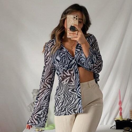 Chiffon Women Blouse Shirt Long Sleeve Striped Print Tops Summer Button Up Ladies Clothes Streetwear Club Sexy T-Shirts