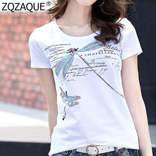 2019 Fashion Womens Sequined Dragonfly T-shirts European and American Casual Letters Printing Females Tees Free Shipping SY066
