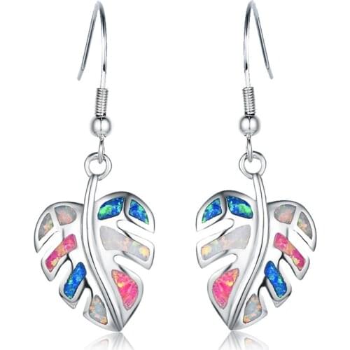 FDLK Boho Female Rainbow Leaf Drop Earrings Blue White Fake Fire Opal Earrings For Women Vintage Long Dangle Earrings