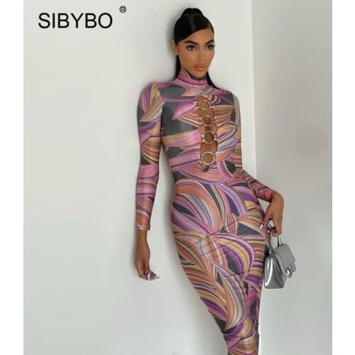 Sibybo Sexy Printed Long Dress Women Turtleneck Full Sleeve Bodycon Summer Dress 2021 Femme Hollow Out Party Slim Maxi Dresses