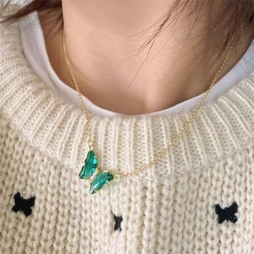 Korean Style Sweet Pink Green Blue Stone Butterfly Charm Necklace For Women Girl Elegant Delicate Lovely Club Party Jewelry