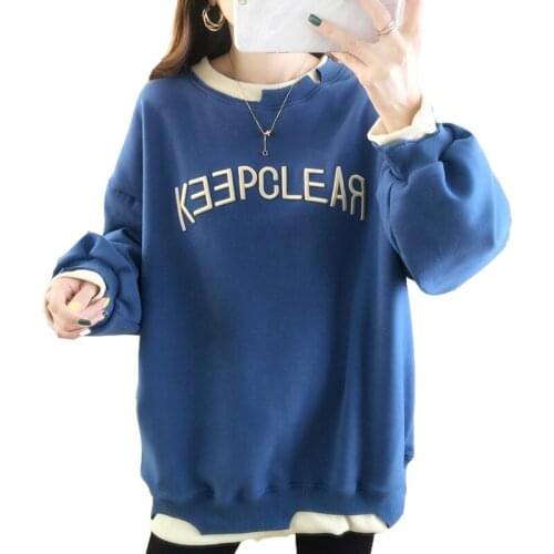 Winter Fake Two-piece Female Sweatshirt Round Neck Letter Embroidery Loose Version Of The Wild Oversize Casual Women Pullover