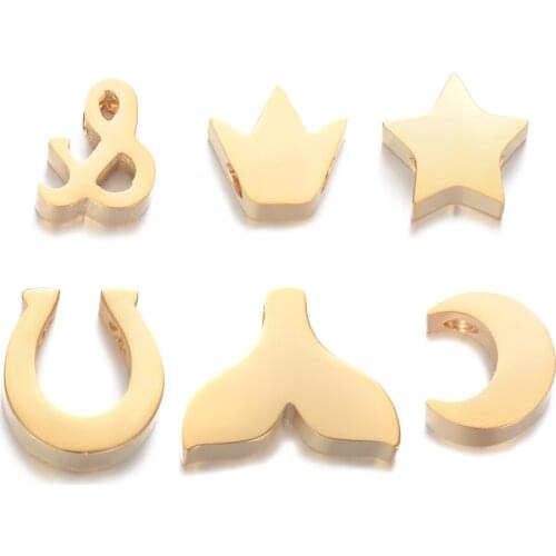 10pcs/Lot Gold Color Mirror Polished Stainless Steel Heart Star Crown Fishtail Horseshoe 1.8mm Small Hole Beads Accessories