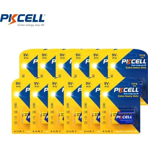 12Pack PKCELL 9V 6F22 Primary Battery 6LR61 Super Heavy Duty battery as PP3 6F22 6LR61 MN1604 9v electronic thermometer battery