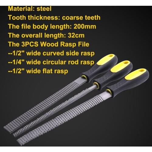 3Pcs 8 Inch Wood File Steel File Rasp Curved/Circular/Flat Wood Files For Craft Carving Woodworking Tools