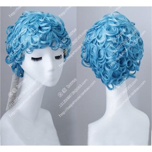 Anime JoJos Bizarre Adventure Golden Wind Ghiaccio Short Blue Curly Wig Heat Resistant Synthetic Hair Wigs