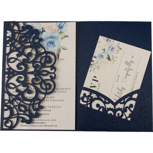 Free shipping 1X hollow Laser Cut Tri-fold Tiffany dark blue Gray Silver pocket Wedding Invitation Card Invite RSVP custom