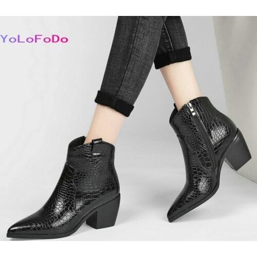 Plus Size 34-43 Faux Leather Women Ankle Boots Fashion Pointed Toe Square Heel Short Boots Autumn Winter Womans Shoes