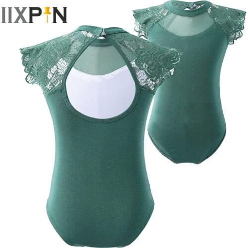 Kids Girls Sleeveless Lace Shoulder Hollow Back Ballet Dance Gymnastics Leotard