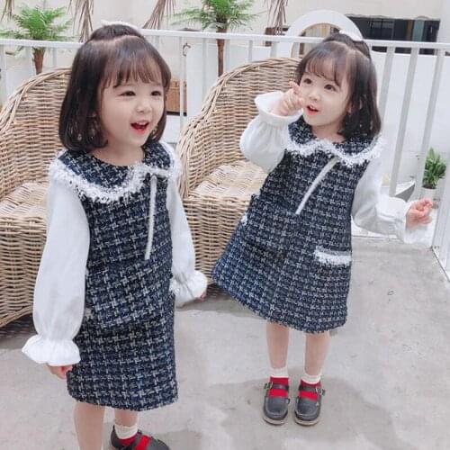 DFXD Girls Dress With Bag Spring Autumn Cotton Kids Party Dresses Plaid Patchwork Peter Pan Collar Princess Dress Vestidos 2-7T