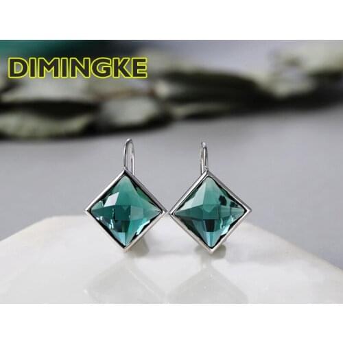 DIMINGKE 100%-S925 Sterling Silver Jewelry Ling-shaped Natural 12*12 Green Crystal Earrings OL Style Woman Party Birthday Gift