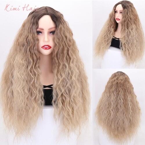 Kimi Hair Long Curly Ombre Synthetic Wigs Ombre Color Brown Blonde Wig for Black Women Middle Part Heat Resistant Fibre Hair