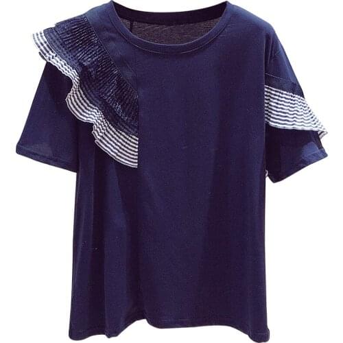 Striped Ruffles Patch Short-Sleeved T-shirt Womens 2021 Summer New Loose Korean Style Girls Ladies Top Tees Nancylim
