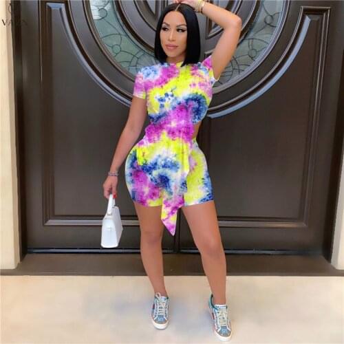 VAZN 2021 Hot Bikini Tie Dye Print Set High Street Tracksuit Top Short Pant Sexy Young High Waist Skinny Women 2 Piece Set