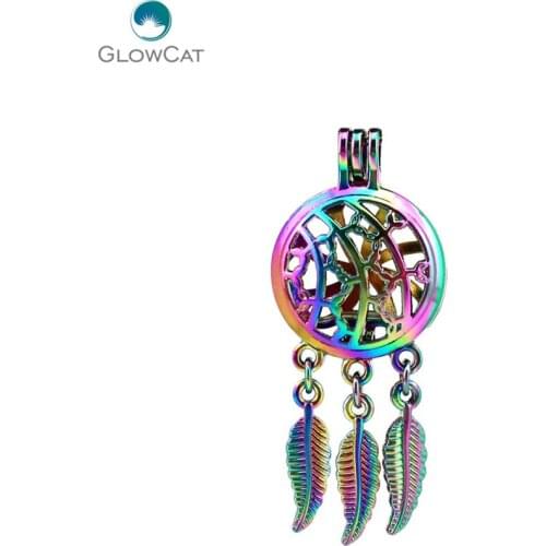 C726 5pcs/lot Rainbow Color Beaty Dream Catcher Vines Leaf Cage Pendant Pearl Locket Fairytale Party