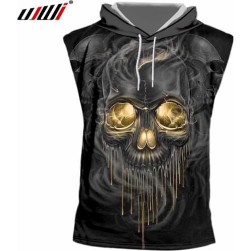 UJWI 2019 New Harajuku Smoking Skull Printed T Shirts Men O-neck Sleeveless Casual T-shirts With Hood Fitness Undershirt Summer