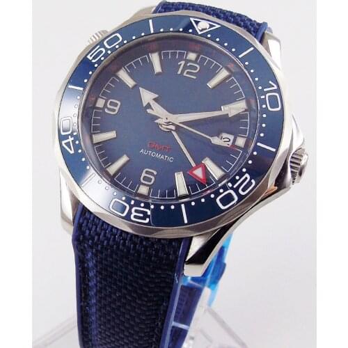 New Blue GMT Movement Rubber Band 41mm Automatic Men Watch Rotating Bezel Sapphire Glass
