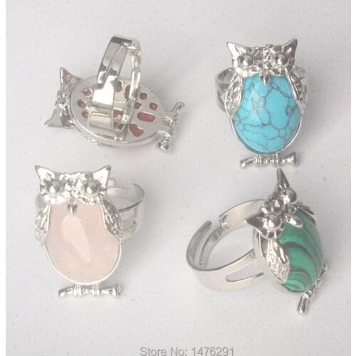 New Mix- Stone Resizable Tiger Eye Aventurine Amethysts Quartz Clear Crystal Onyx Malachite Lapis Turquoises Owl Ring 1PCS