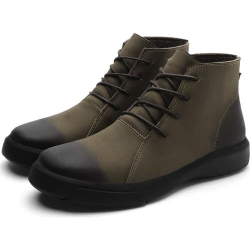 Autumn Winter Mens Martin Boots Outdoor Camping Walking Trekking British Style Cowhide Work Shoes Antiskid Thick Bottom Leisure