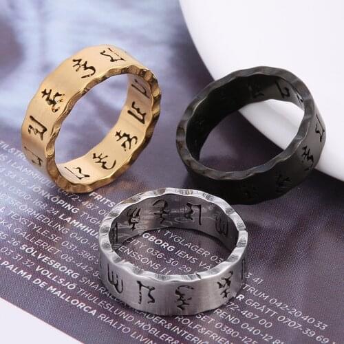Carved Ancient Taoism Chinese Buddhism Six-character Rumor Mens Cool Signet Exorcism Rune Rings Stainless Thumb Buddha Ring