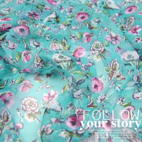 LEO&LIN Floral Lake Blue Vintage Large Wide 100% Silk Pleated Georgette Chiffon Thin Transparent Skirt Scarf Fabric DIY Sewing