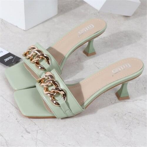 Women Sandals Summer Womens Slippers 6cm Heels Shoes Female Golden Metal Chain Ladies Slipper 2021 Fashion Casual Slides Mules