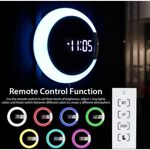 3D LED Digital Watch Clock Alarm Clock Mirror Hollow Wall Clock 7 Colors Modern Temperature Date Night Light For Home Living Roo
