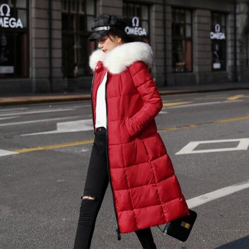 X-long Women Slim Winter Jacket Hooded Mujer Parka Coats Fad Thicken Cotton Padded Solid Fur Collar Casual Outwear Frau Jacke