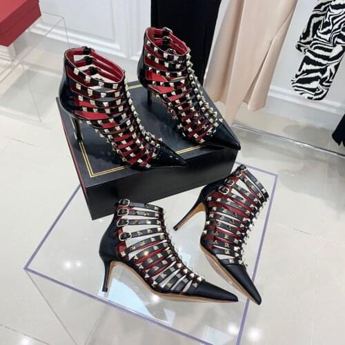 2021 New Summer Sandals Pointed Toe Women Sandals Rivet Women Shoes Buckle Strap High Heels Fashion Genuine Leather Shoes Woman