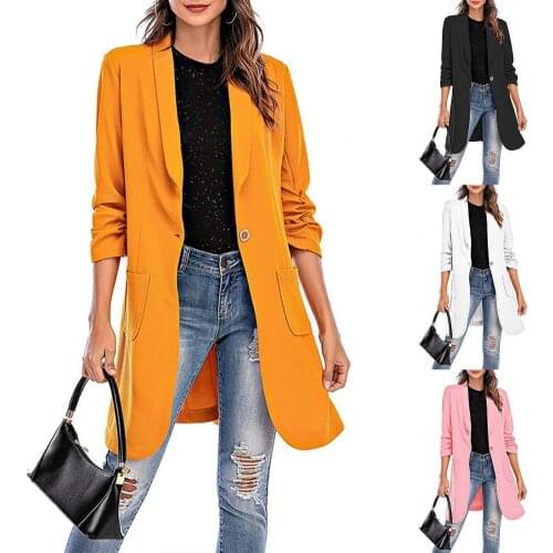 Office Lady Blazer Solid Color Pockets Autumn Winter 3/4 Sleeve One Button Midi Blazer for Working